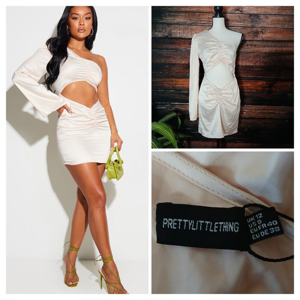 NWT PRETTYLITTLETHING Dress Champagne Satin Cut Out One Shoulder Ruched Bodycon
